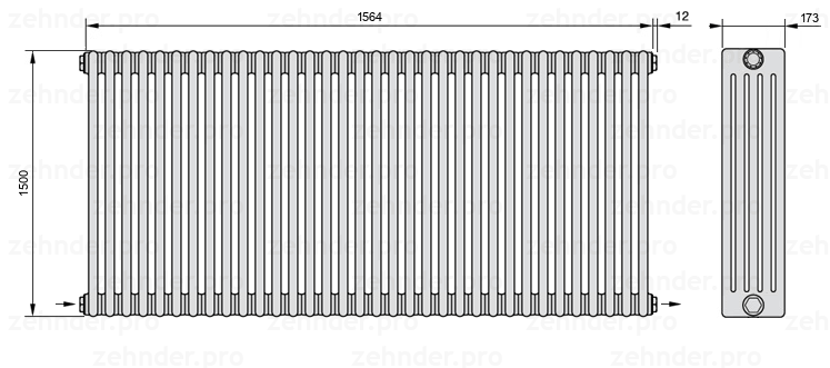 Схема (чертеж) Радиатор Zehnder Charleston 5150/34 №2670 Белый глянцевый RAL 9016